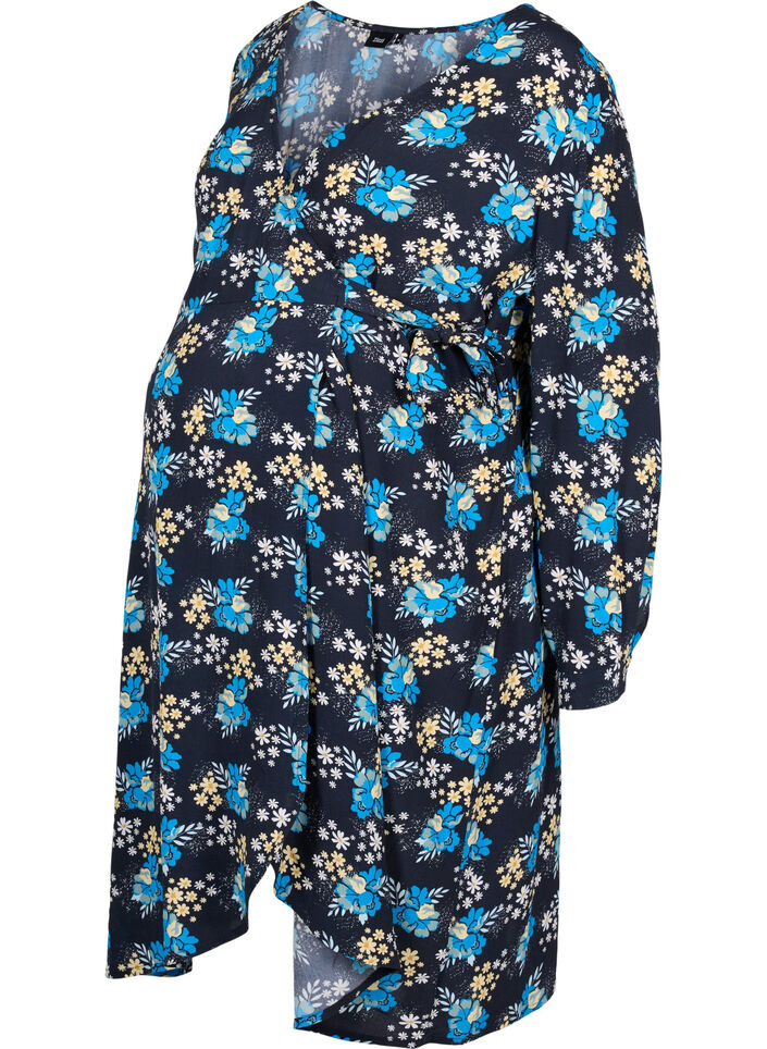 Robe cache-cœur de grossesse à fleurs en viscose, Bleu, Packshot image number 0