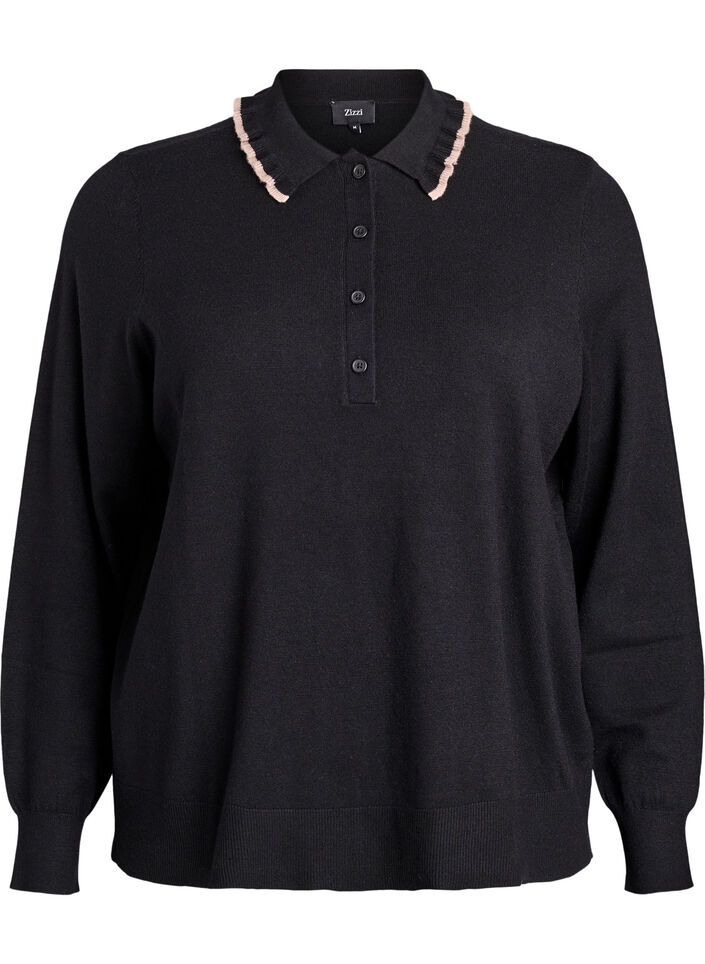 Blouse en maille avec un col polo à volants, Noir, Packshot image number 0