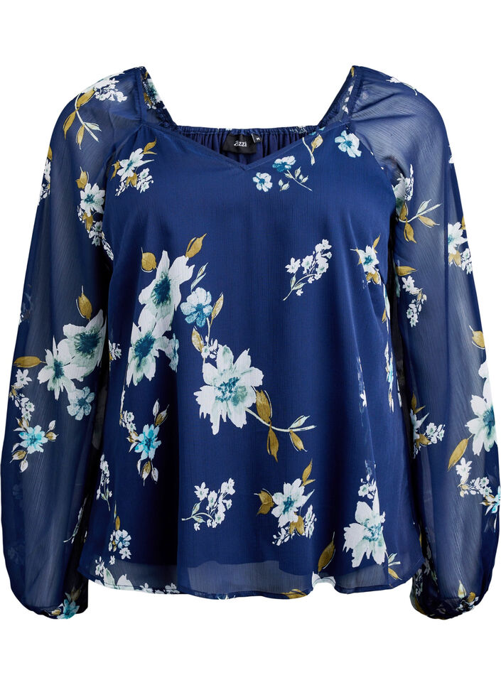 Chemisier en mousseline avec imprim&eacute; floral et manches longues, Bleu, Packshot image number 0