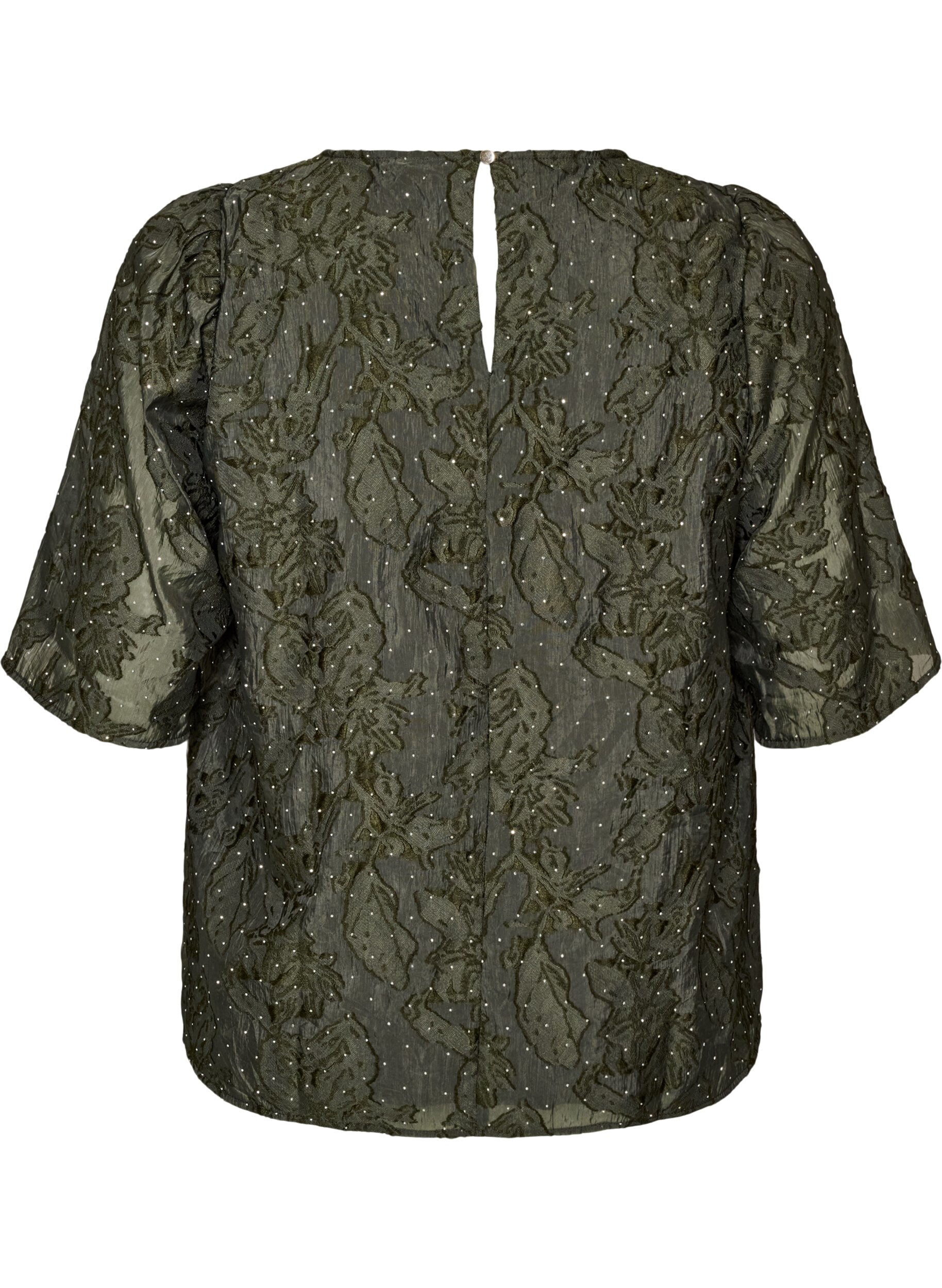 ZizziBlouse jacquard avec d&eacute;tails scintillants et manches bouffantes, Vert fonc&eacute;, Packshot image number 1