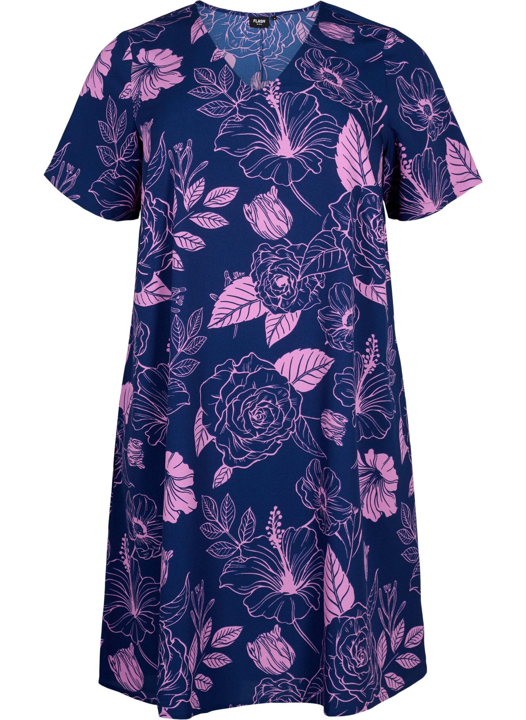 Zizzi FLASH &ndash; Kleid mit V-Ausschnitt und Blumendruck, Medieval Blue Flower, Packshot image number 0