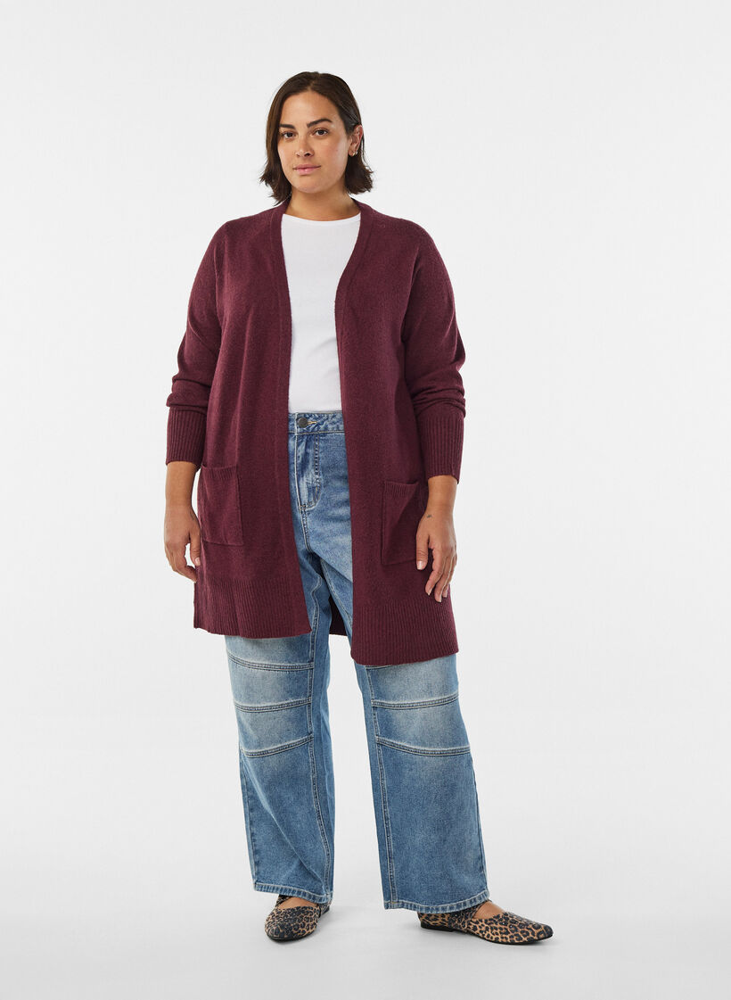 Strickjacke mit Rippenstrick und Taschen, Dunkles Bordeaux, Model image number 1