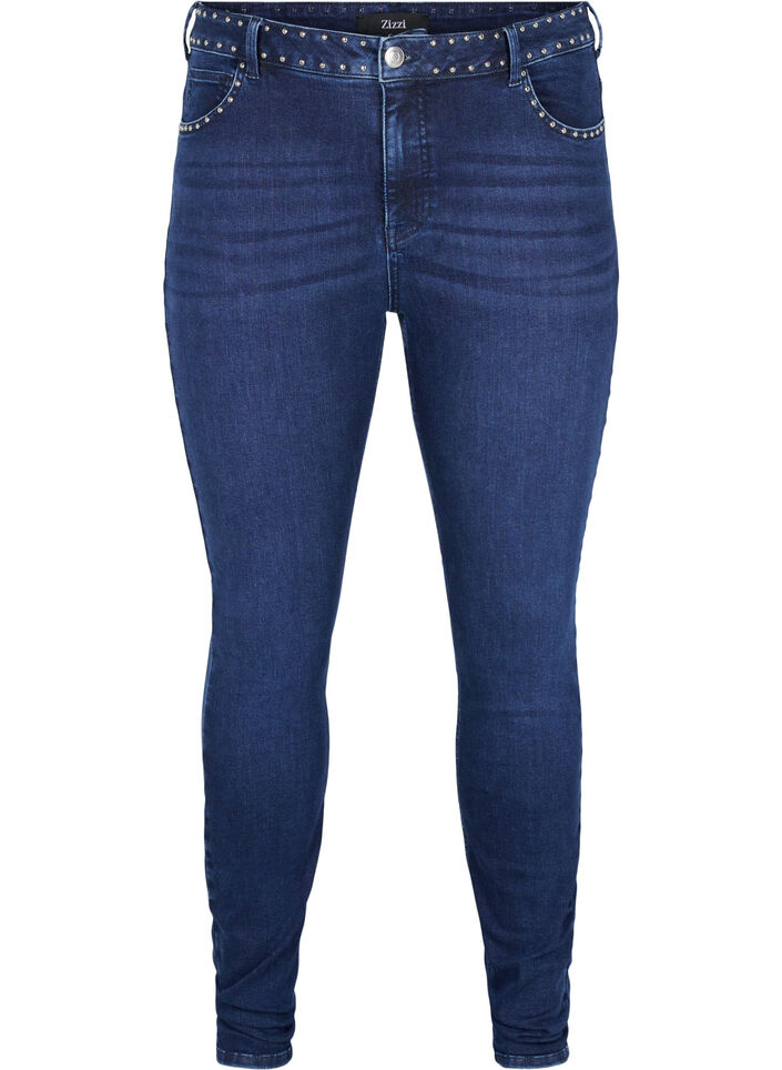Super Slim Amy Jeans mit Nieten, Dark blue, Packshot image number 0