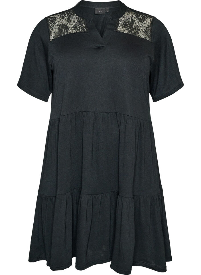 Jerseykleid mit Spitzendetails und mehrlagigem Rock, Schwarz, Packshot image number 0