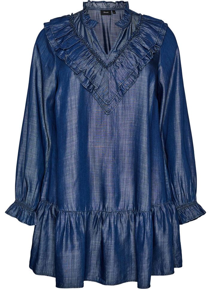 Kurzes Kleid im Denim-Look mit R&uuml;schen, Blau, Packshot image number 0