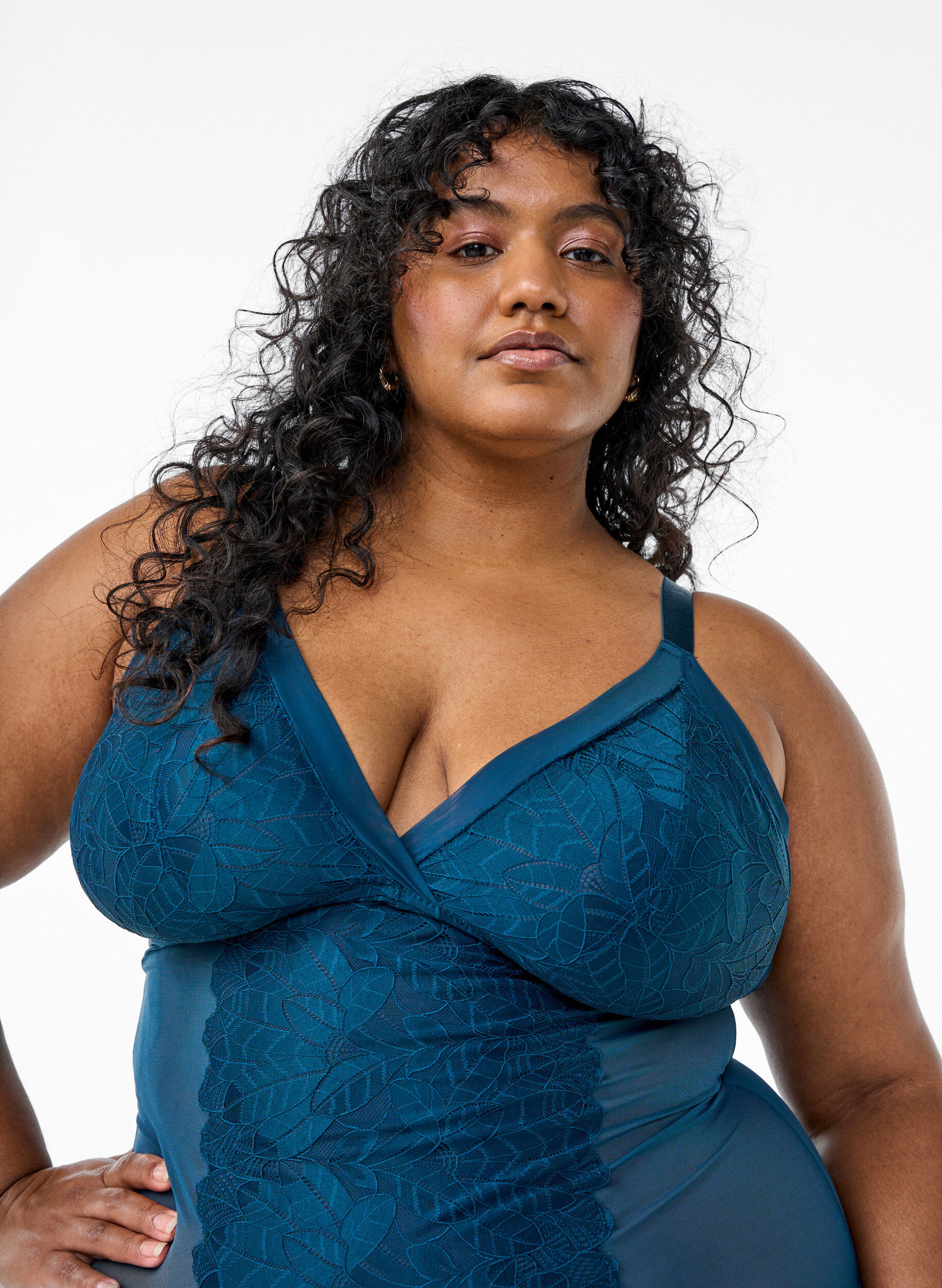 Zizzi Bodystocking en dentelle et en mesh, Bleu, Model image number 2