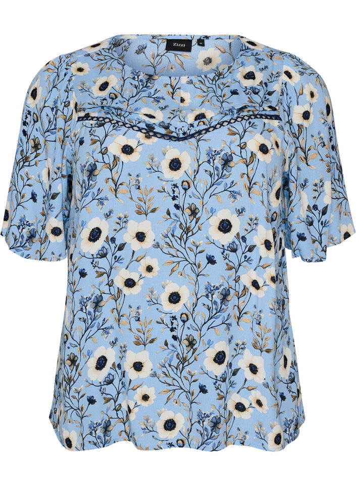 Blouse fleurie &agrave; manches courtes, Bleu, Packshot image number 0