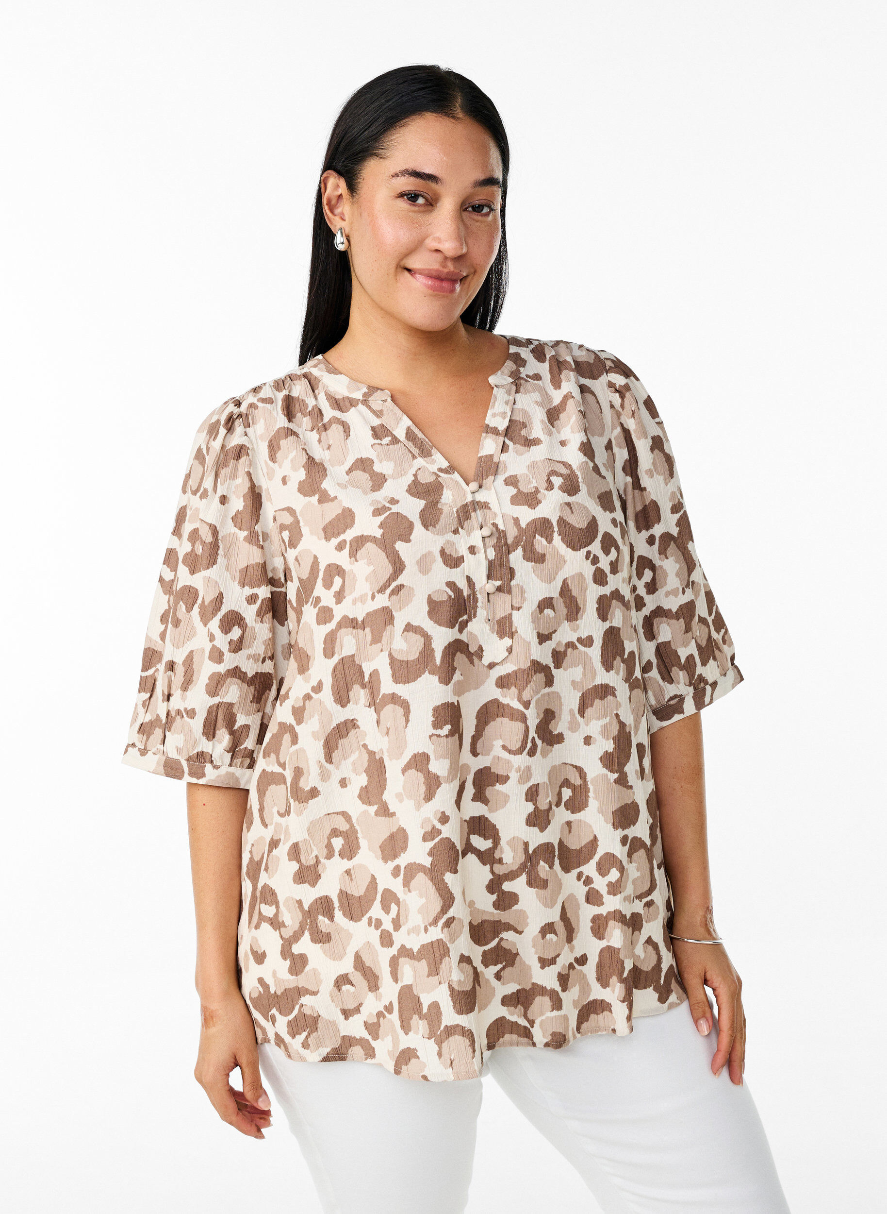 Zizzi Bluse mit Leopardenmuster und halben &Auml;rmeln, Wei&szlig;, Model image number 0