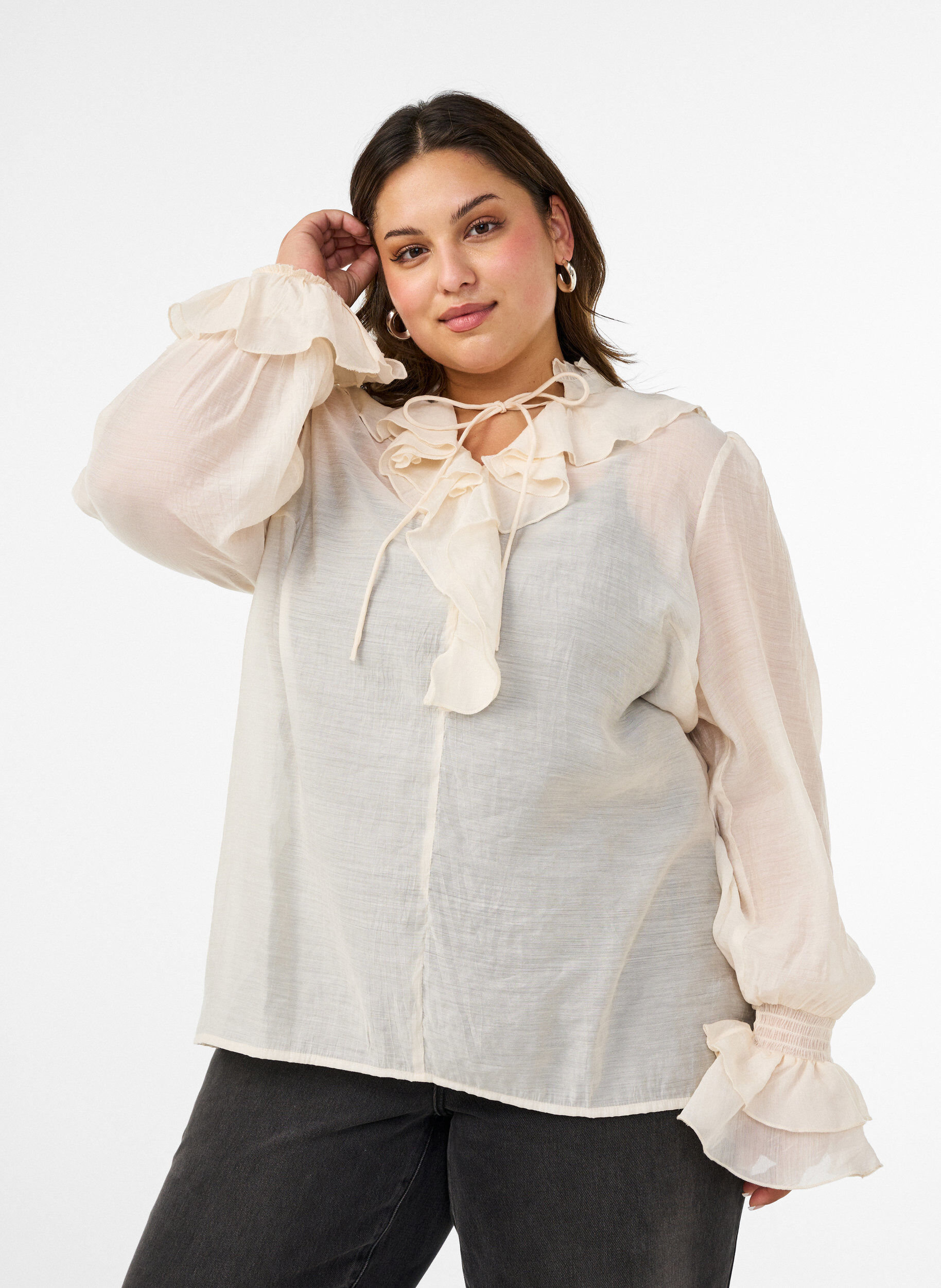 ZizziBlouse en viscose avec volants et manches longues, Vanille, Model image number 0