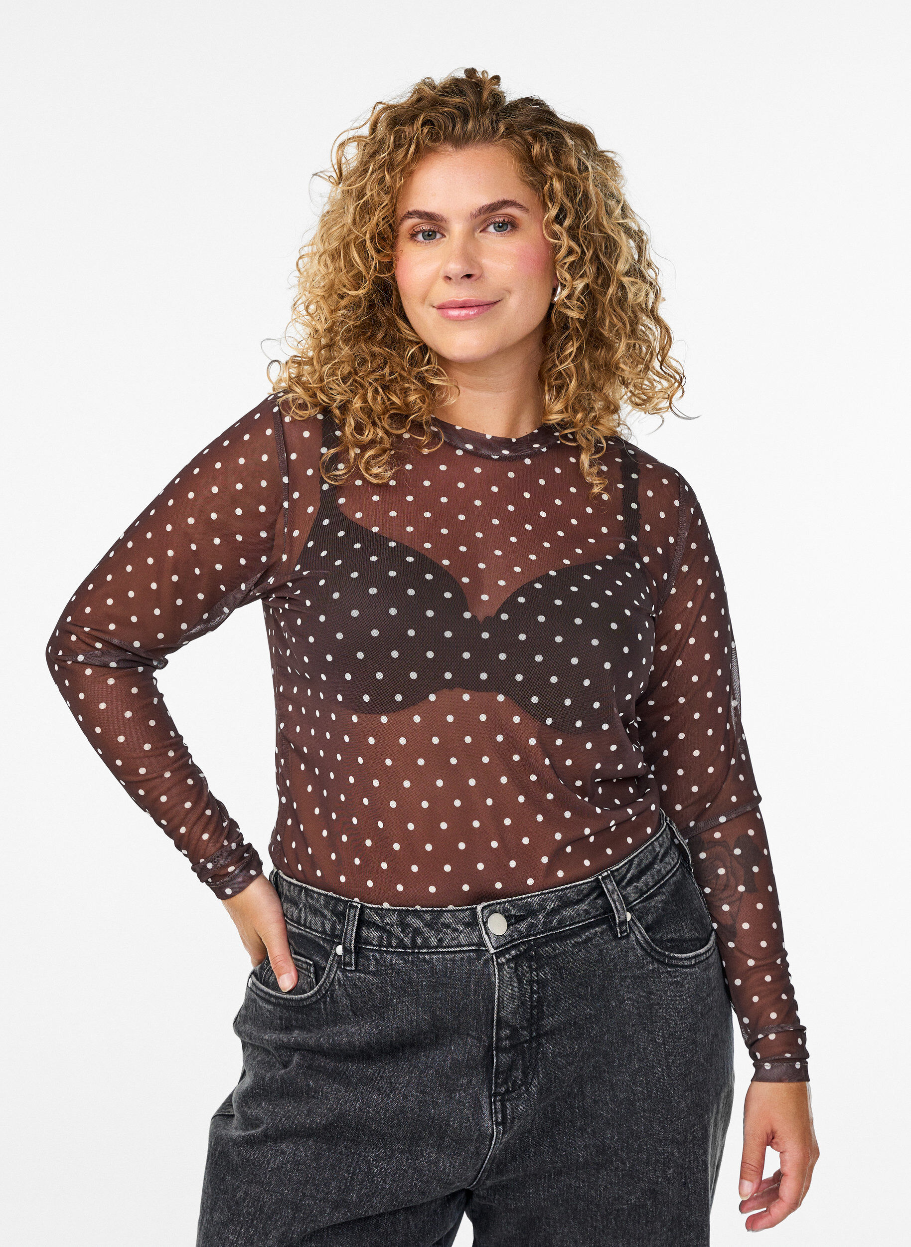 ZizziBlouse en maille &agrave; pois, Marron, Model image number 0