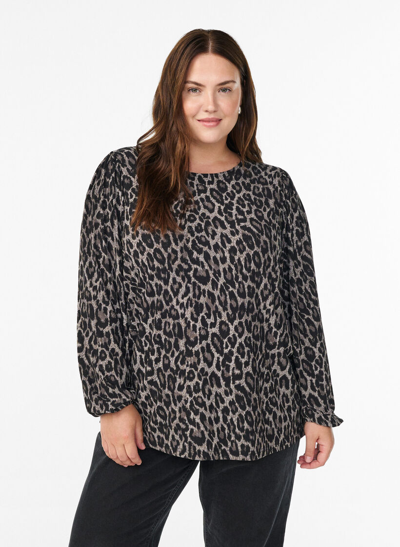 Bluse mit langen &Auml;rmeln und Leopardenmuster, Grau, Model image number 0