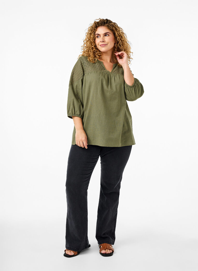 Bluse aus Baumwollmischung mit Leinen und Häkeldetails, Deep Lichen Green, Model image number 2