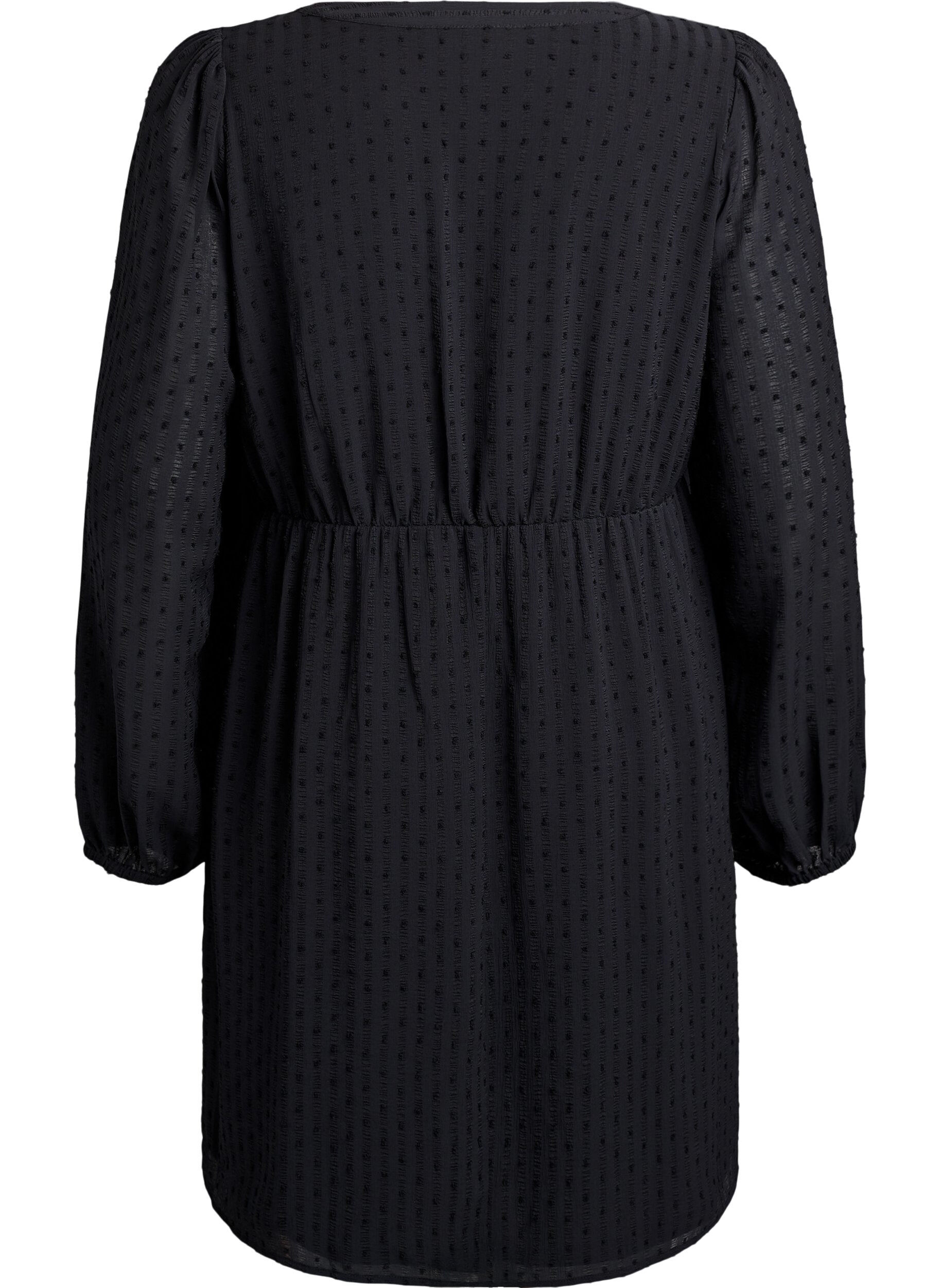 Zizzi Kurzes Kleid mit Ton-in-Ton-Streifen und texturierten Punkten, Schwarz, Packshot image number 1