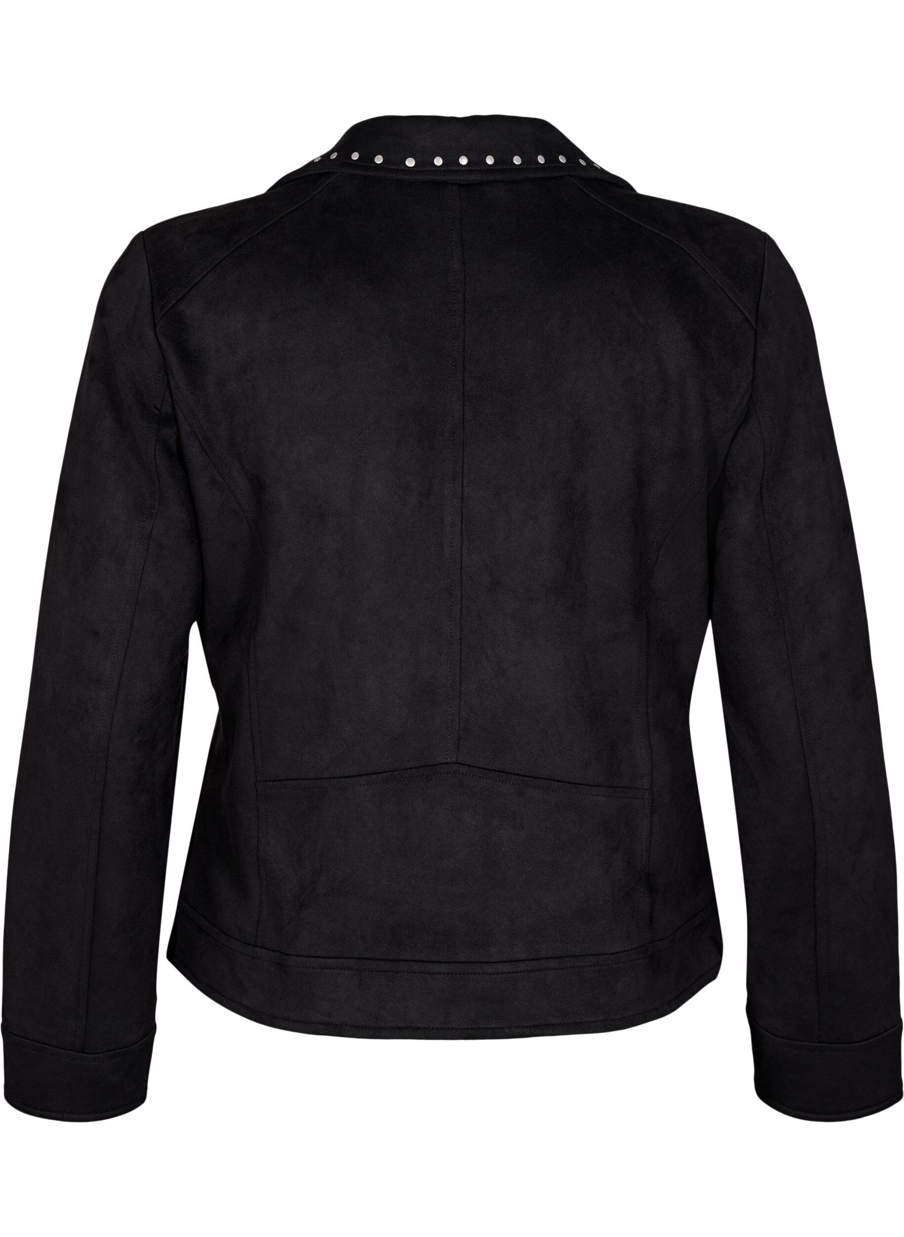 Zizzi Veste motard en similicuir su&eacute;d&eacute; avec clous, Noir, Packshot image number 1