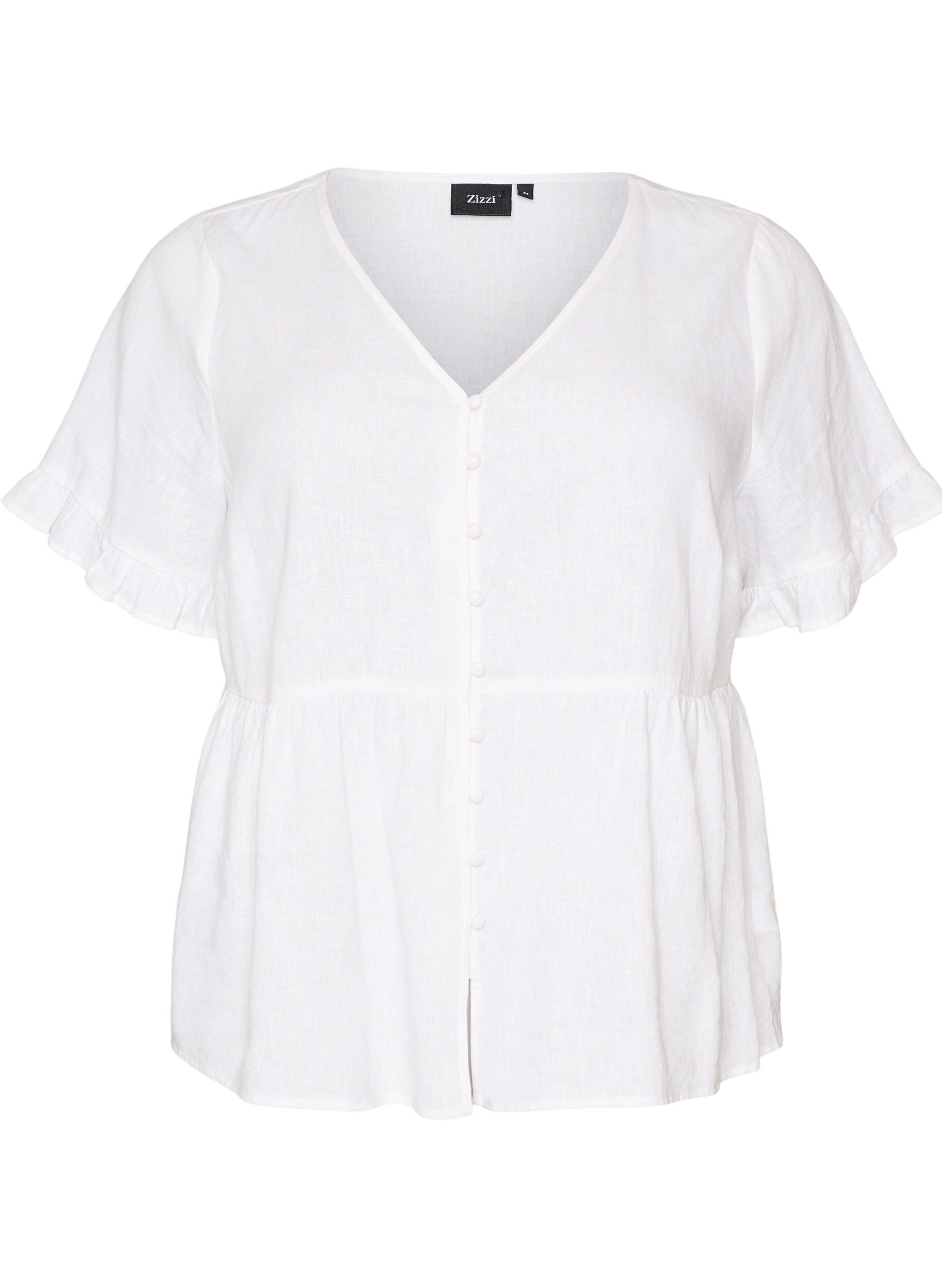 Zizzi Blouse en lin et viscose avec un col en V et une fermeture boutonn&eacute;e, Blanc, Packshot image number 0