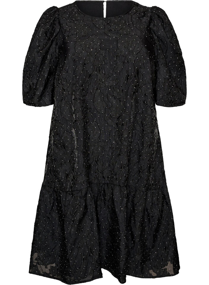 Jacquardkleid mit funkelnden Details und Puff&auml;rmeln, Schwarz, Packshot image number 0
