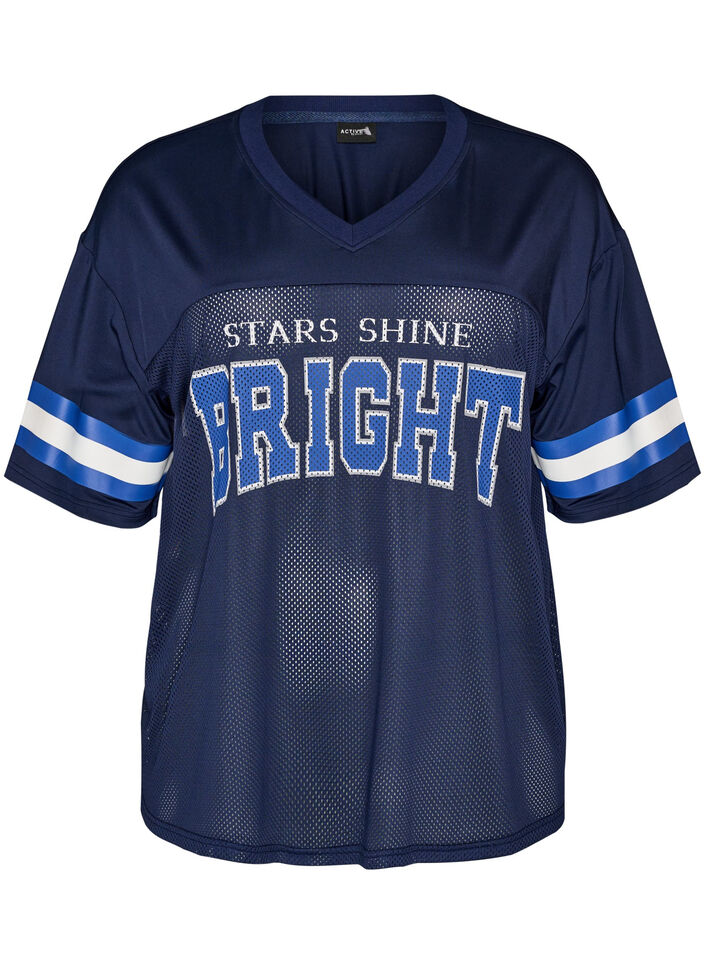 Trainingsshirt mit V-Ausschnitt und Frontprint, Blau, Packshot