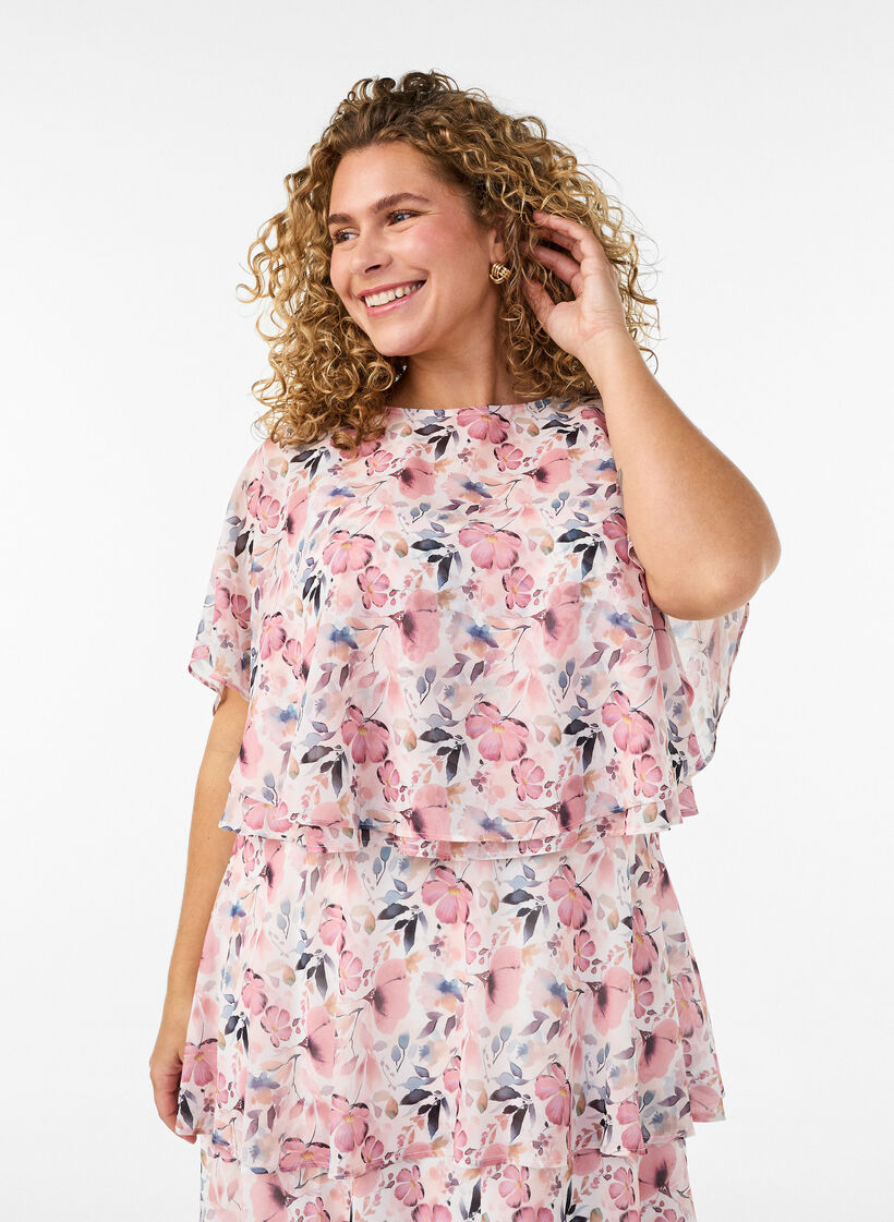 Robe maxi avec plusieurs couches de volants et cape amovible, Blanc, Model image number 3
