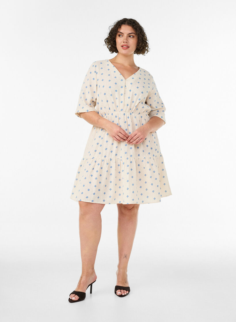 Robe imprim&eacute;e en coton avec une taille &eacute;lastique, Beige, Model image number 1