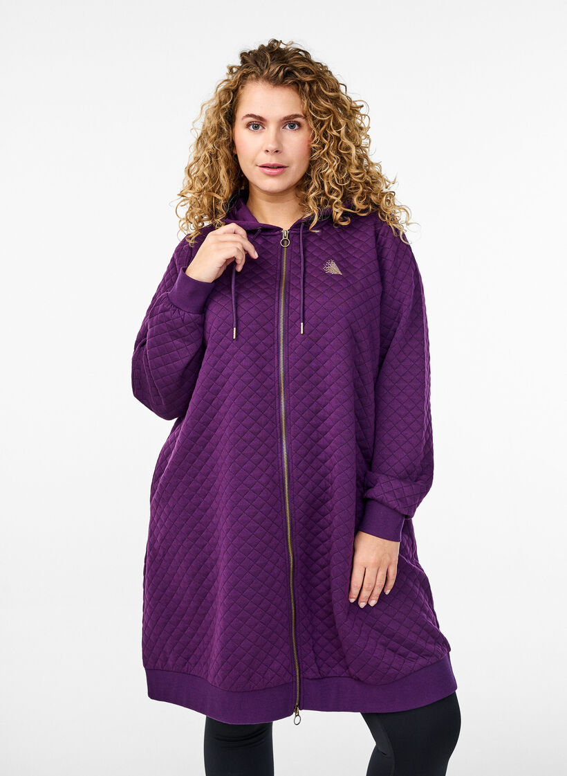 Cardigan de sport long matelassé avec fermeture éclair, Violet, Model image number 0