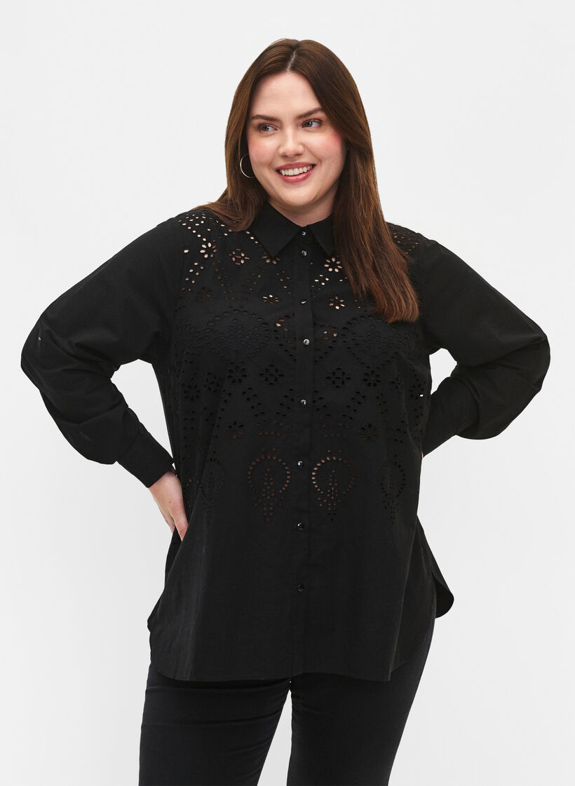 Chemise en coton avec broderie anglaise, Black, Model image number 0