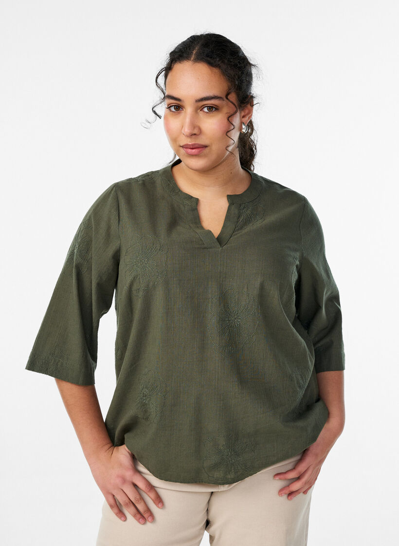 Bluse aus Baumwolle mit gestickten Details und 3/4-&Auml;rmeln, Gr&uuml;n, Model image number 0