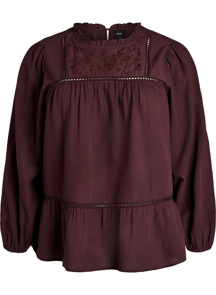 Bluse mit Stickerei und Lochstickerei, Dunkles Bordeaux, Packshot image number 0