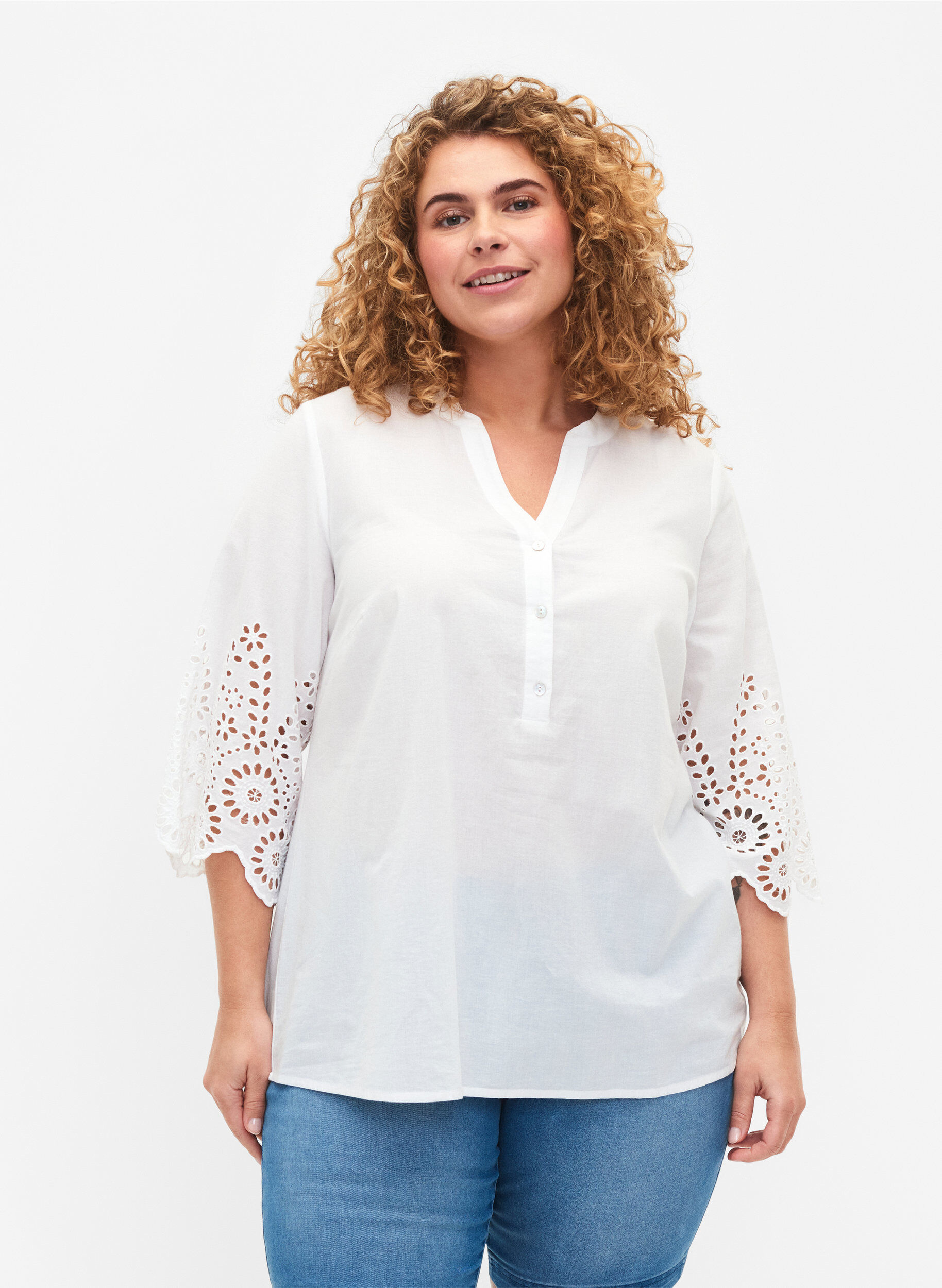 Zizzi Bluse mit Spitzenbesatz und 3/4-&Auml;rmeln, Bright White, Model image number 0