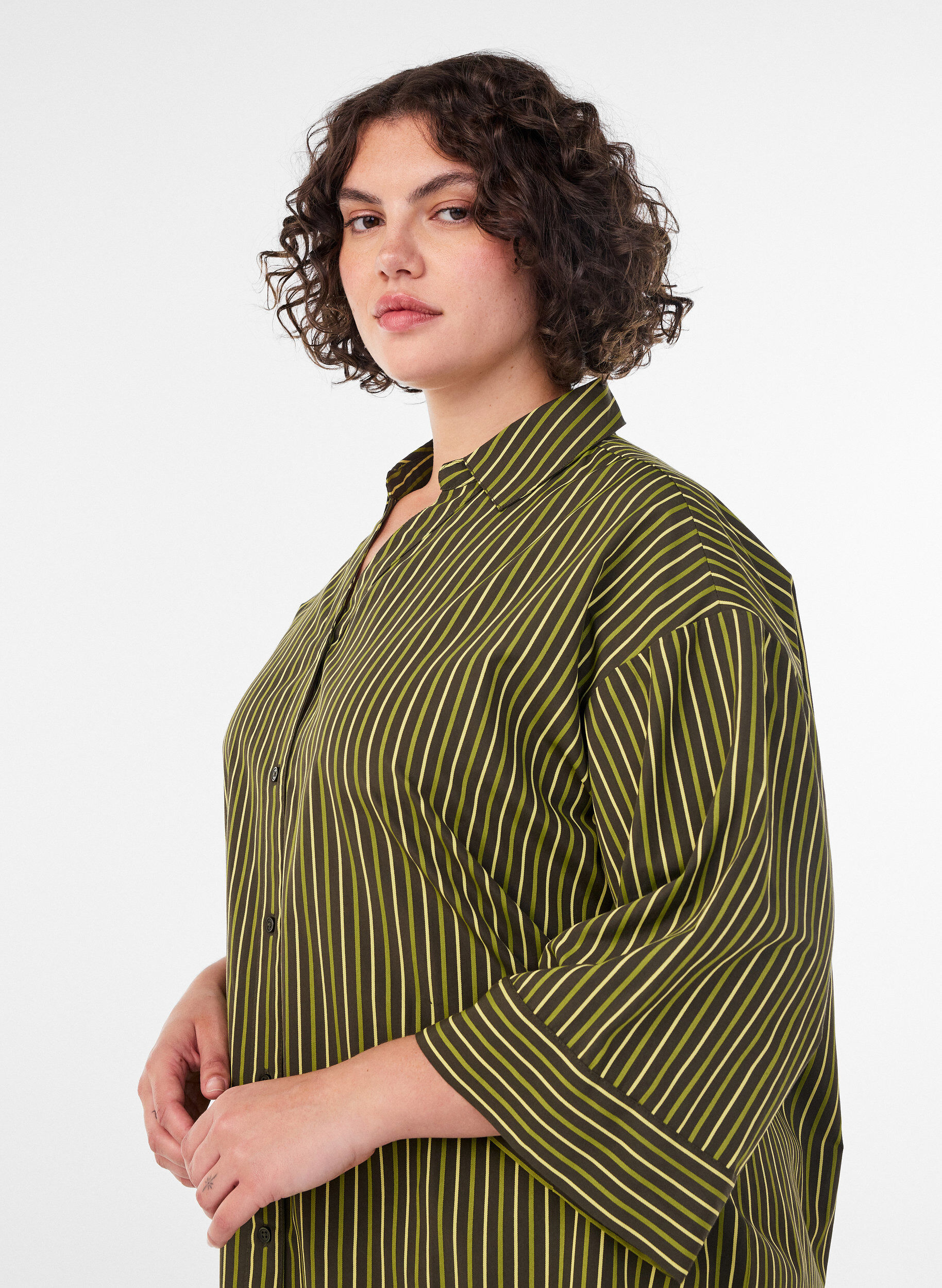 ZizziChemise ample &agrave; rayures avec manches 3/4, Vert, Model image number 3