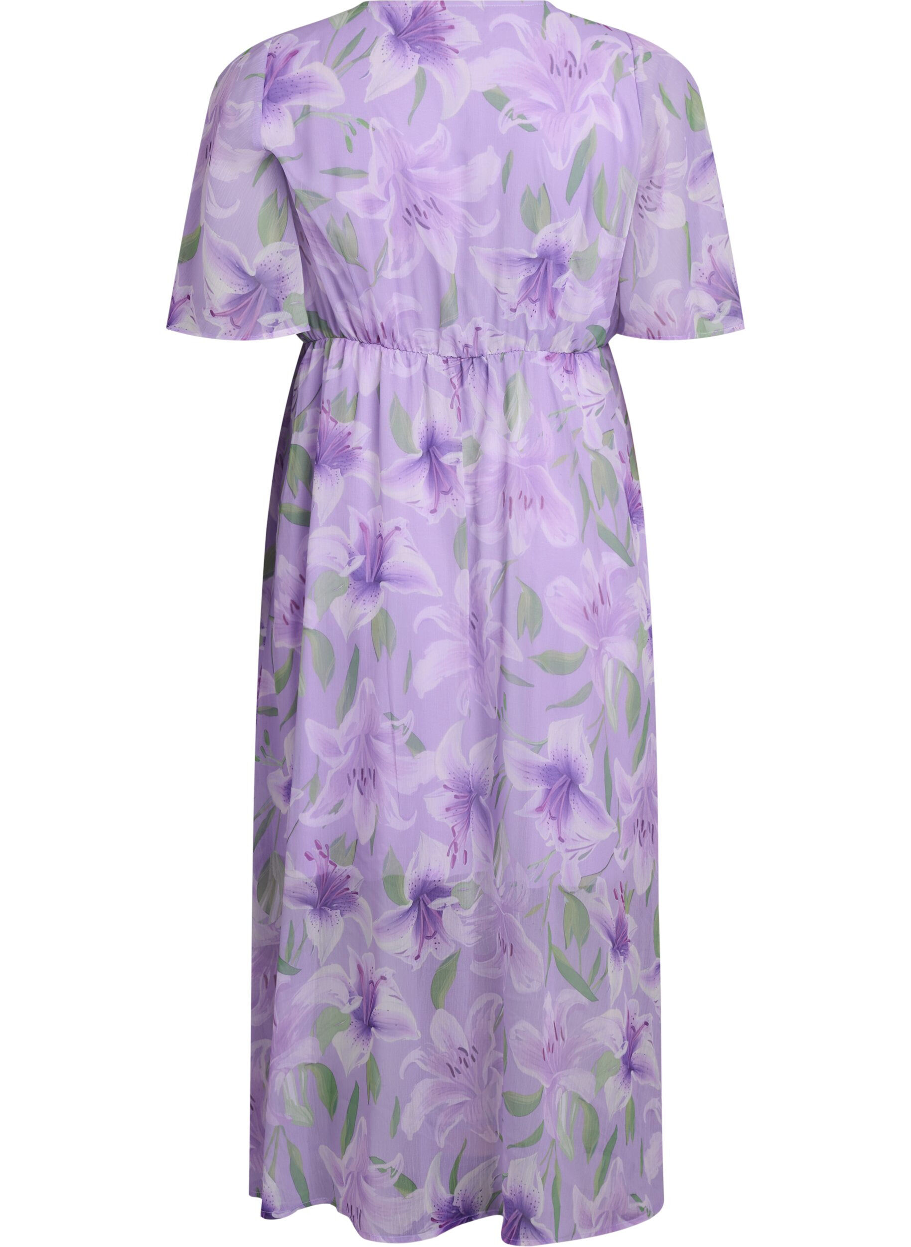 Zizzi Robe longue en chiffon imprim&eacute; floral et manches courtes, Mauve, Packshot image number 1