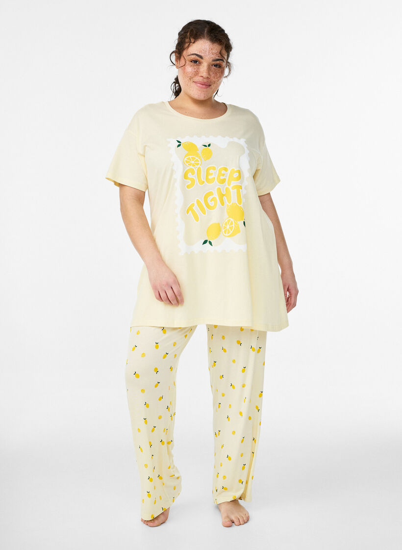 Pyjamahose aus weichem Jersey mit hoher Taille und Frucht-Print, Gelb, Model image number 0