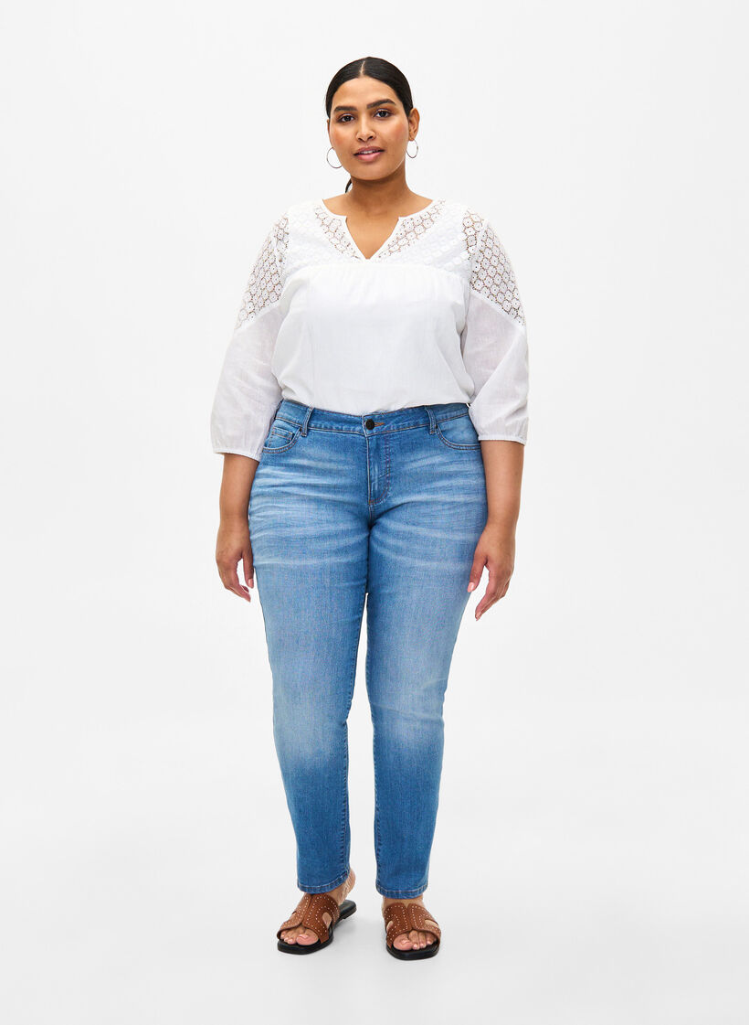 Bluse aus Baumwollmischung mit Leinen und Häkeldetails, Bright White, Model image number 2