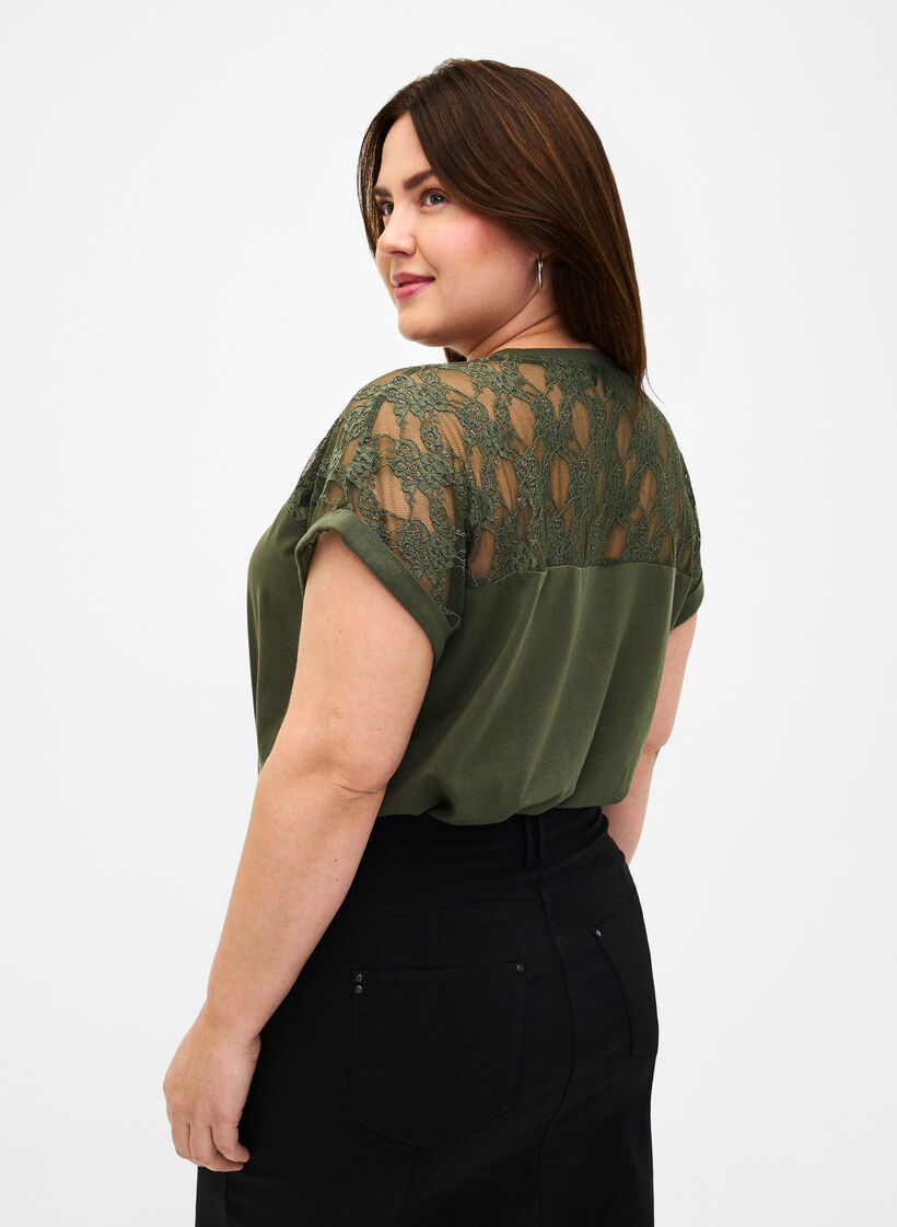 T-shirt en coton à manches courtes avec dentelle, Thyme, Model image number 1