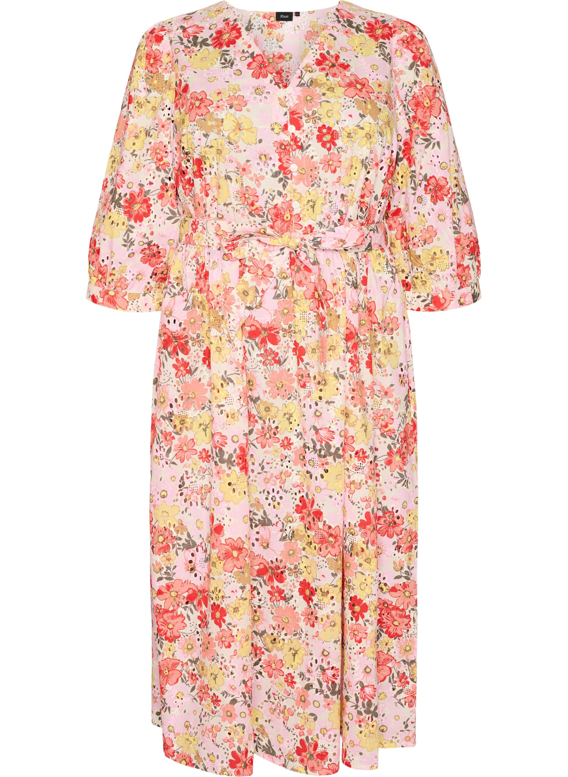 Robe midi fleurie en broderie anglaise et ceinture &agrave; nouer
