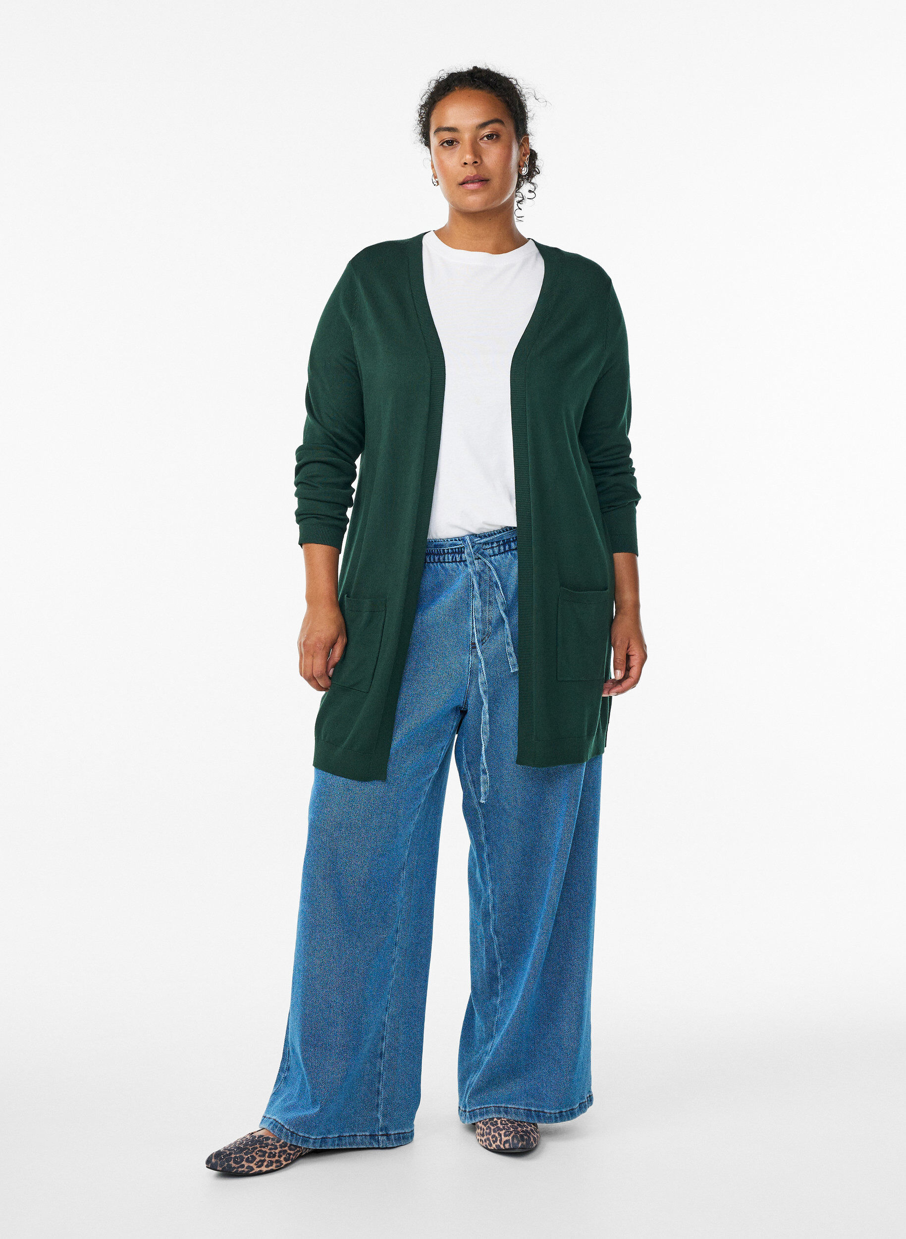 ZizziLong cardigan tricot&eacute; en m&eacute;lange de viscose, Vert fonc&eacute;, Model image number 1