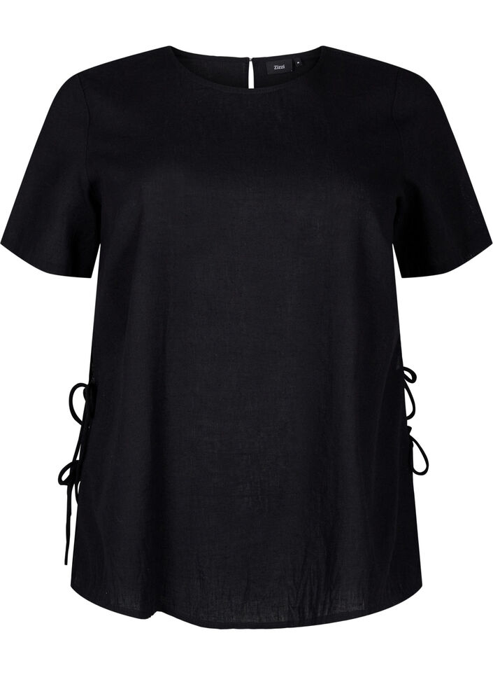 Blouse à manches courtes en mélange de coton et lin avec détail lacé, Black, Packshot image number 0