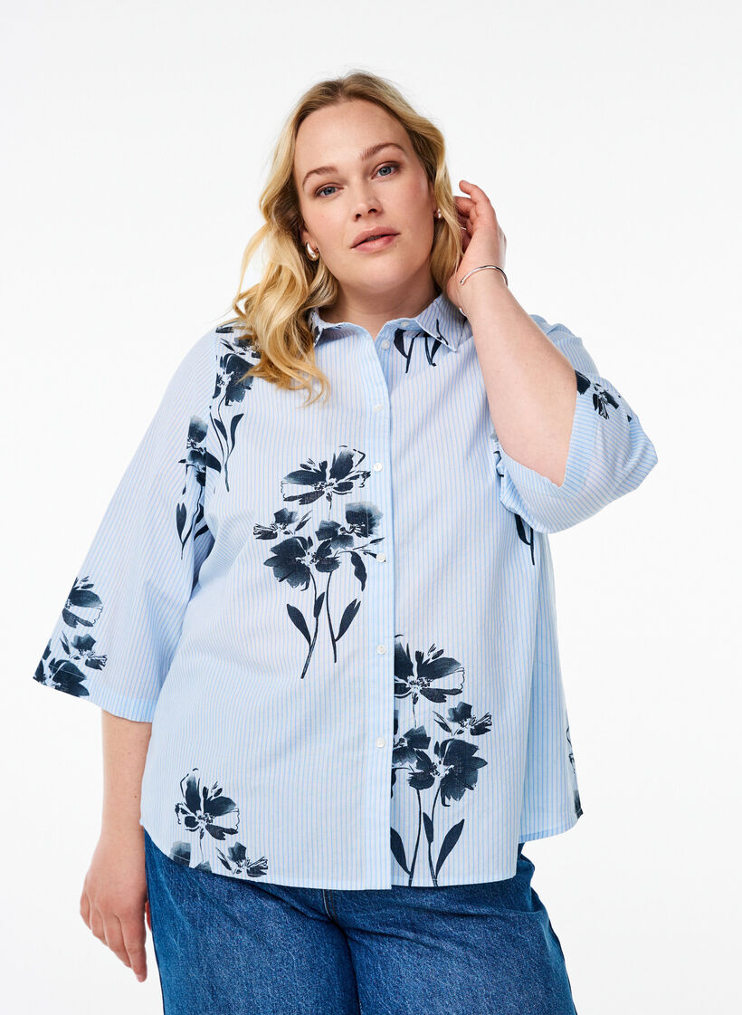 Chemise rayée avec imprimé floral et manches 3/4, Bleu Clair, Model image number 0