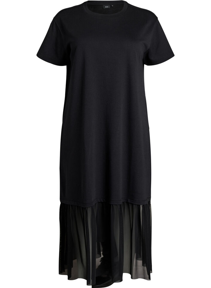 Robe t-shirt avec un ourlet en maille transparente, Noir, Packshot image number 0
