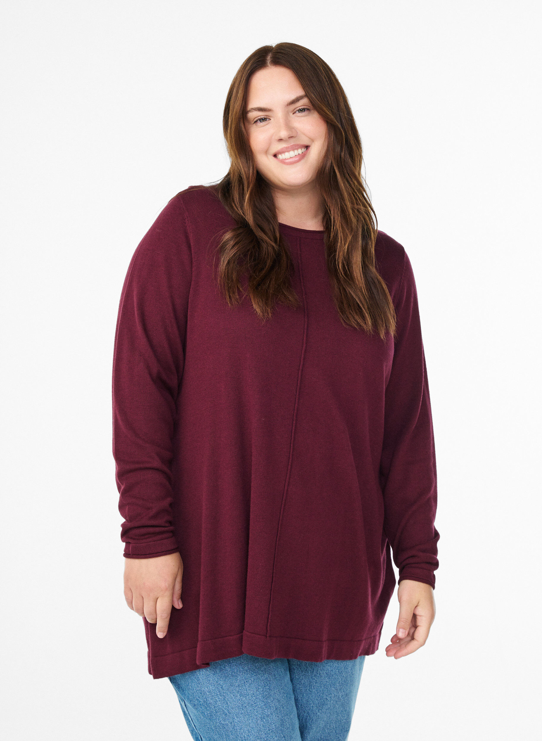 Gestrickte Bluse aus Baumwoll-Viskose-Mischung, Dunkles Bordeaux, Model