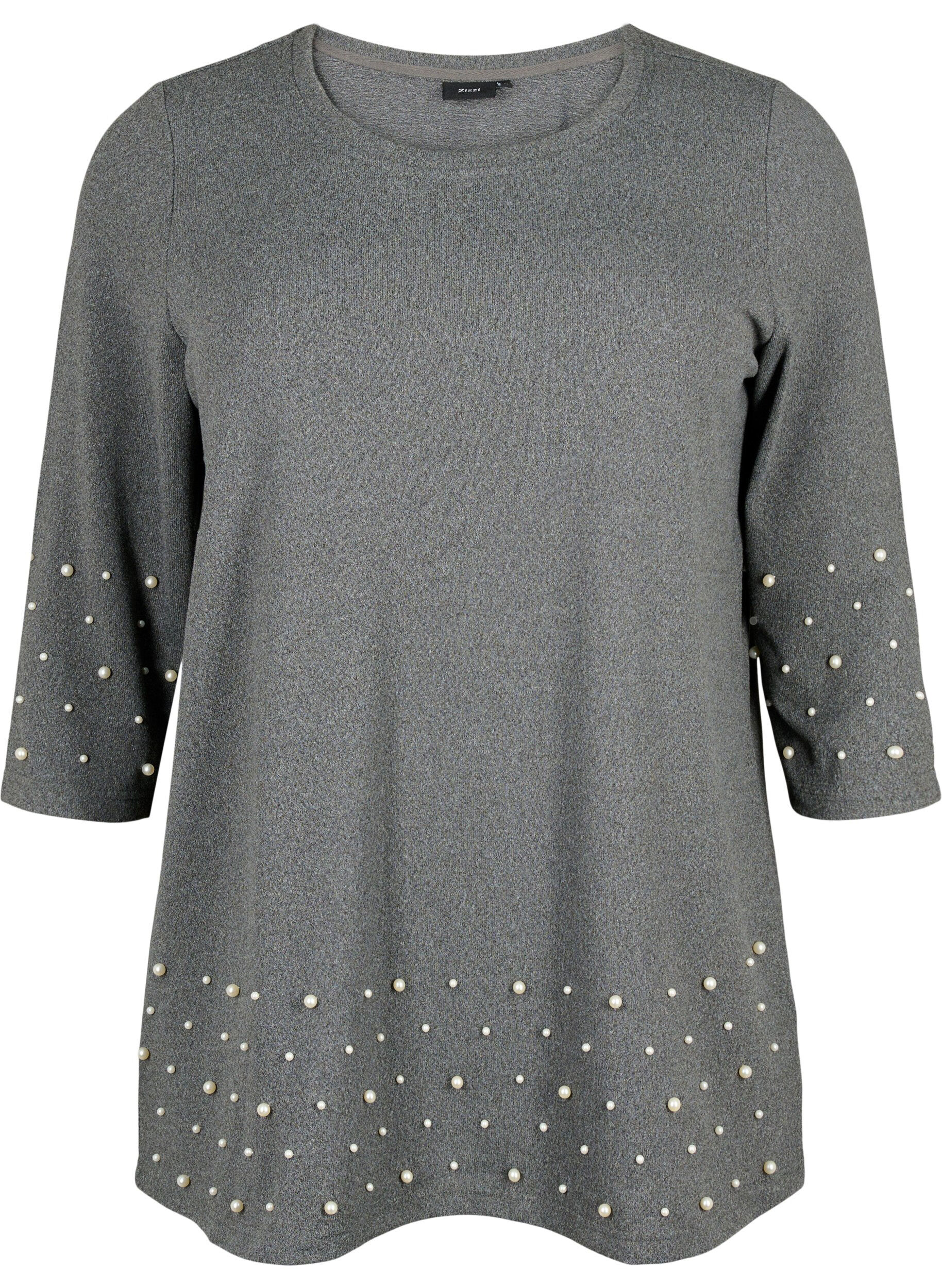 Zizzi Bluse mit Perlen und 3/4 &Auml;rmeln, Dark Grey Melange, Packshot image number 0