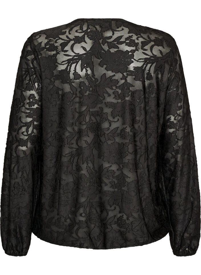Transparente Bluse mit floraler Struktur und langen &Auml;rmeln, Schwarz, Packshot image number 1