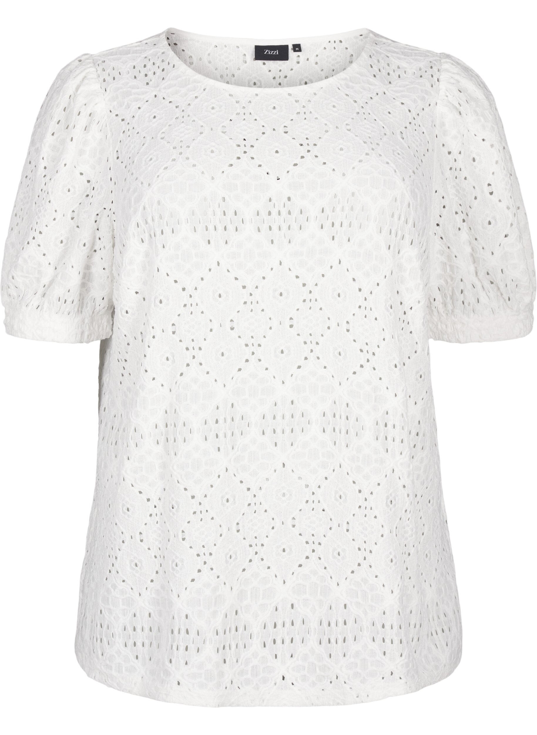 Zizzi  Kurz&auml;rmelige Bluse mit Lochmuster, Bright White, Packshot image number 0