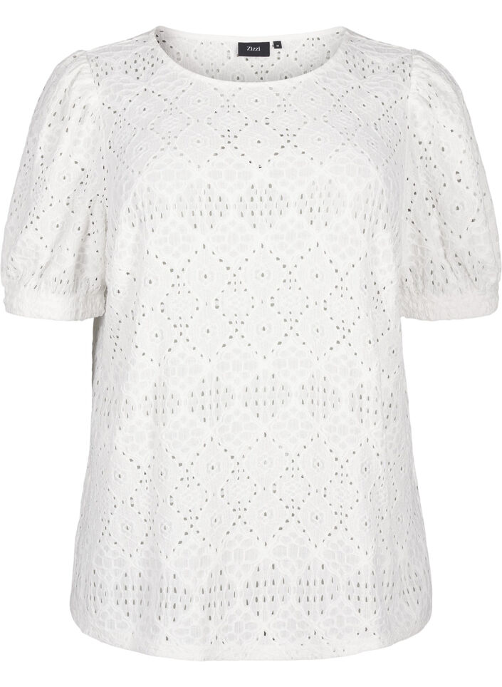  Kurzärmelige Bluse mit Lochmuster, Bright White, Packshot image number 0