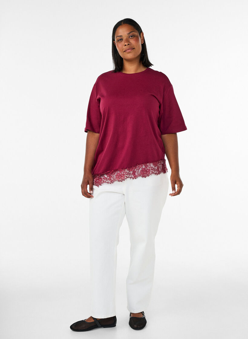 T-Shirt mit asymmetrischem Spitzensaum, Rot, Model image number 1