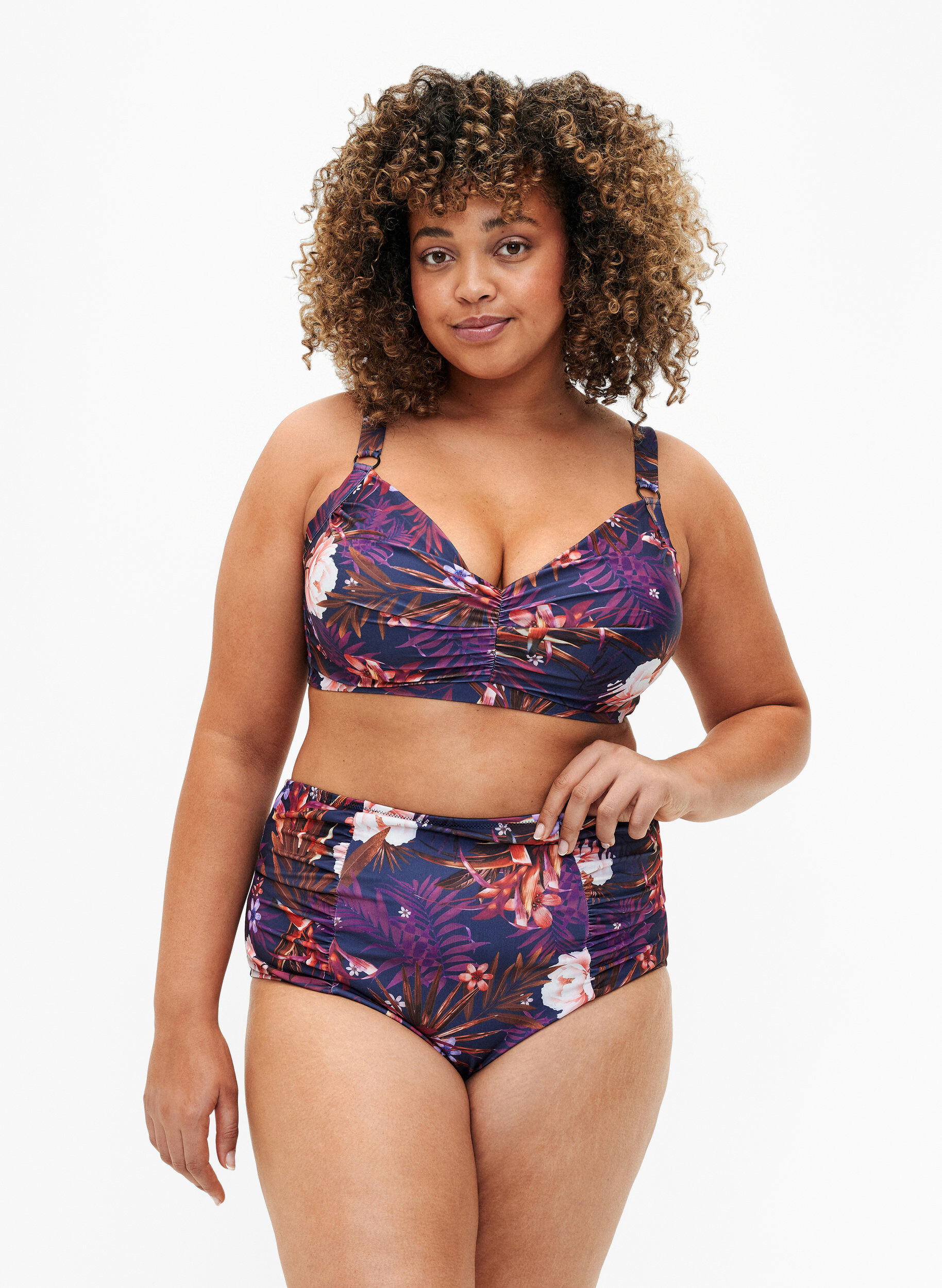 Zizzi Bikini-Unterteil mit Streifen und hoher Taille, Lila, Model image number 0