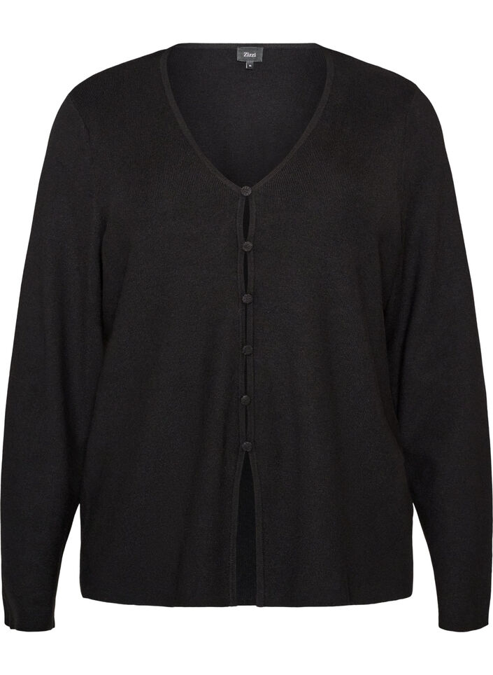 Strickjacke aus Feinstrick mit stoffbezogenen Kn&ouml;pfen, Schwarz, Packshot image number 0