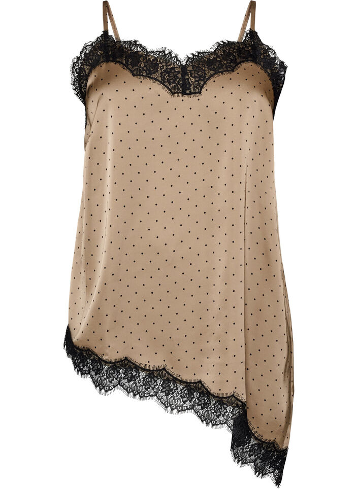 Top &agrave; fines bretelles avec dentelle et ourlet asym&eacute;trique, Beige, Packshot image number 0