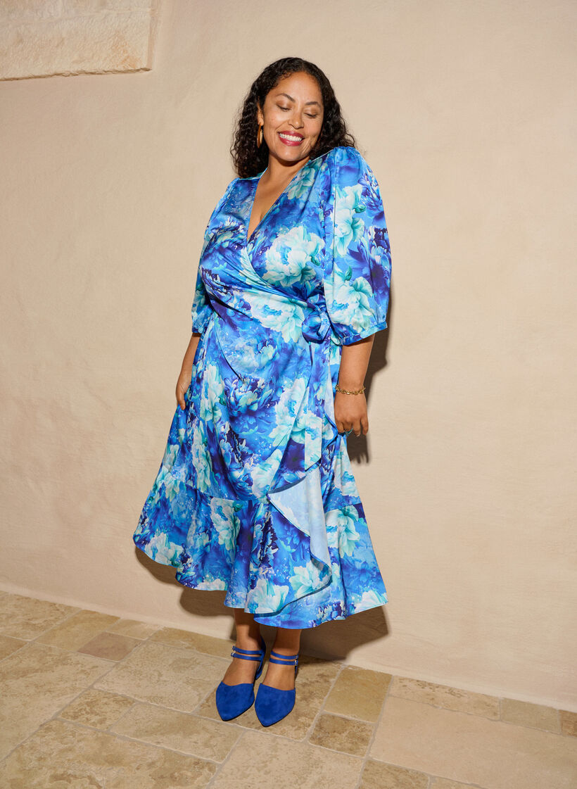 Robe portefeuille &agrave; imprim&eacute; floral et manches 3/4, Bleu, Image image number 0