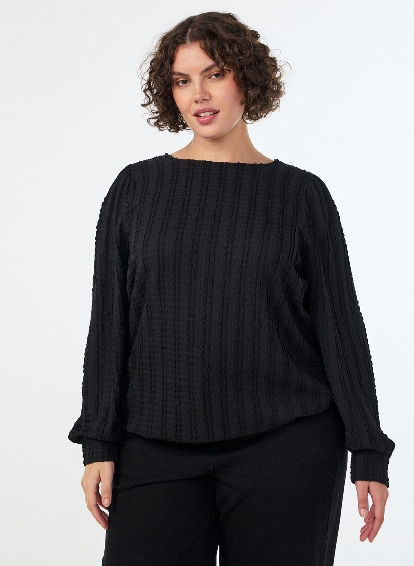Jerseybluse mit Struktur und Ballonsilhouette, Schwarz, Model image number 0