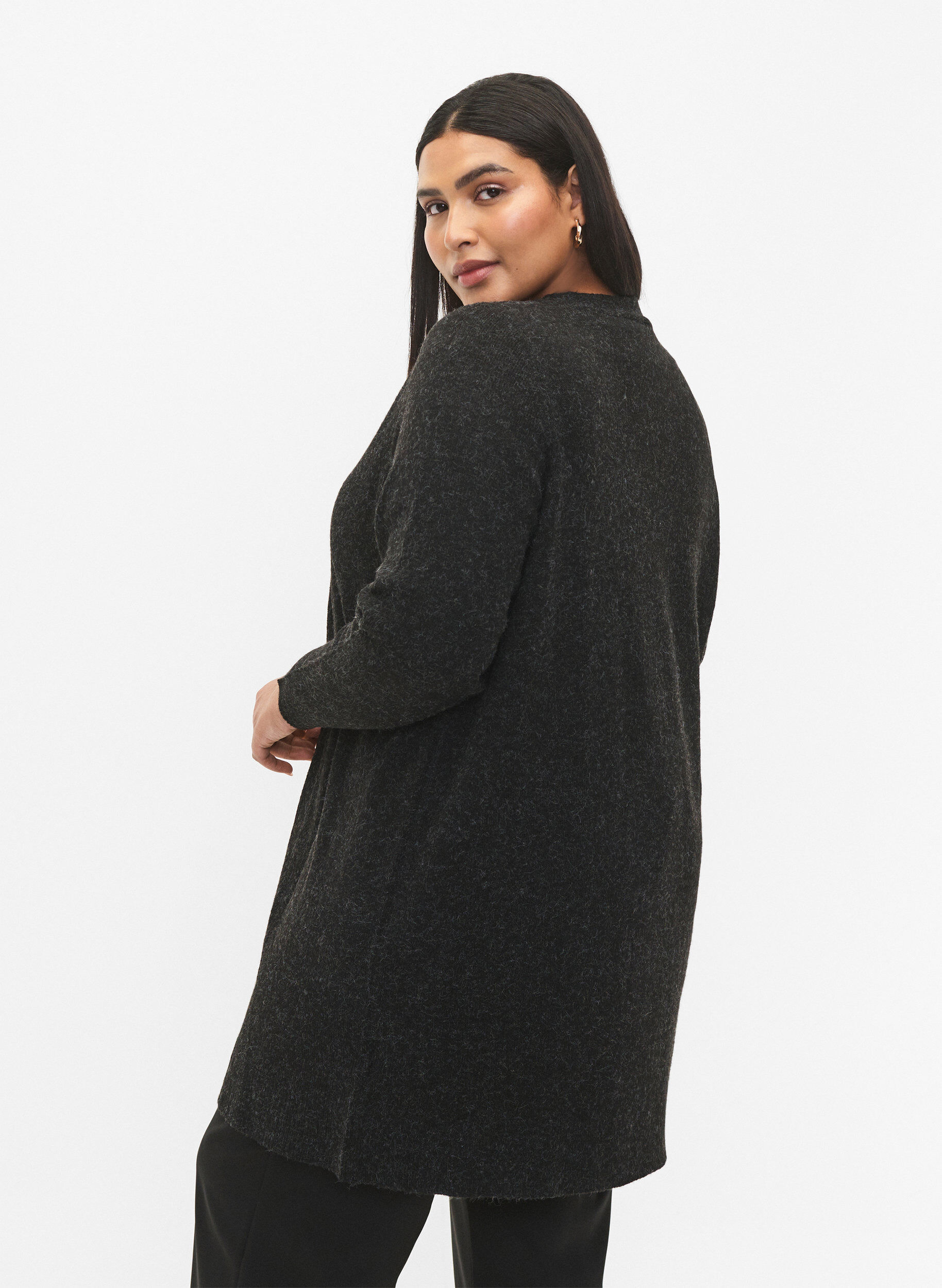 Zizzi Lange Strickjacke mit offener Vorderseite, Dark Grey Melange, Model image number 1